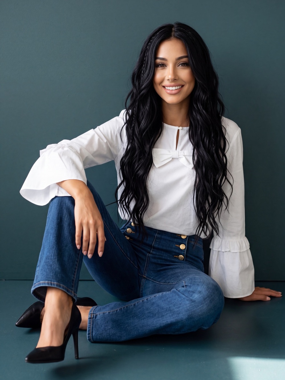 Talbots White Bow-Neck Ruffle Sleeve Blouse